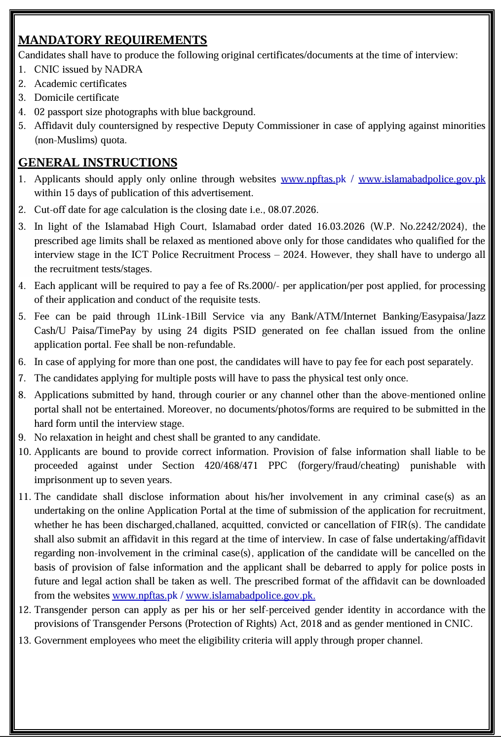 Islamabad Capital Territory Police Jobs 2026 Official Advertisement Banner

Islamabad Police ASI and Constable Recruitment Notice 2026

ICT Police BS-11 Assistant Sub Inspector Job Description

Ministry of Interior Islamabad Police Constable Positions

NPFTAS Online Application Registration Form Screen

Islamabad Police Physical Test Eligibility Standards Diagram

Government Police Jobs in Islamabad for Men and Women 2026

Islamabad Capital Police Executive Staff Vacancies

How to Apply Online at www.islamabadpolice.gov.pk

Islamabad High Court Age Relaxation Policy for Police Jobs