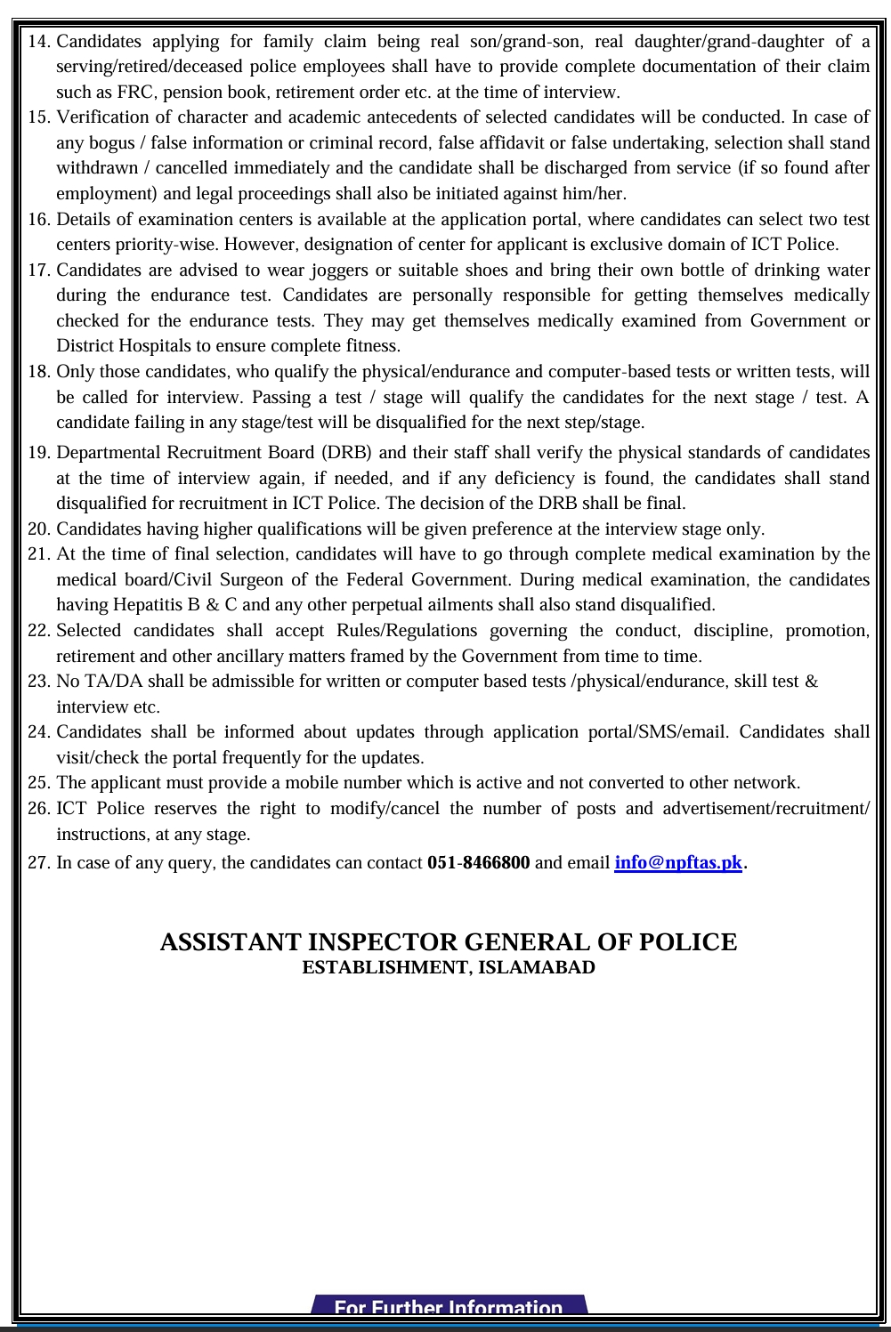 Islamabad Capital Territory Police Jobs 2026 Official Advertisement Banner

Islamabad Police ASI and Constable Recruitment Notice 2026

ICT Police BS-11 Assistant Sub Inspector Job Description

Ministry of Interior Islamabad Police Constable Positions

NPFTAS Online Application Registration Form Screen

Islamabad Police Physical Test Eligibility Standards Diagram

Government Police Jobs in Islamabad for Men and Women 2026

Islamabad Capital Police Executive Staff Vacancies

How to Apply Online at www.islamabadpolice.gov.pk

Islamabad High Court Age Relaxation Policy for Police Jobs