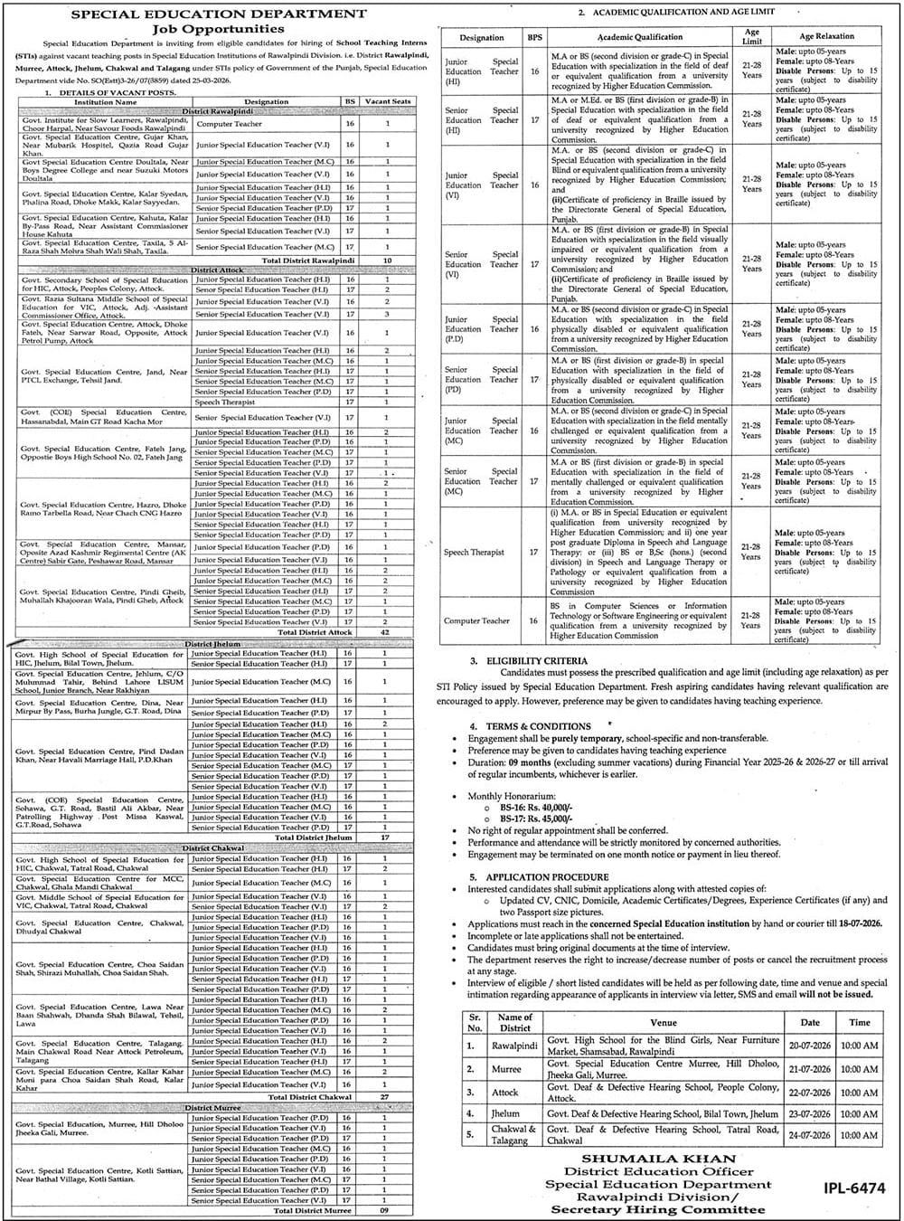 Special Education Department Punjab Jobs 2026 Advertisement

Rawalpindi Division School Teaching Interns Recruitment Notice

Govt Special Education Teacher Vacancies Punjab 2026

Speech Therapist and Computer Teacher Jobs Rawalpindi

Punjab STIs Hiring Interview Venues and Dates Schedule