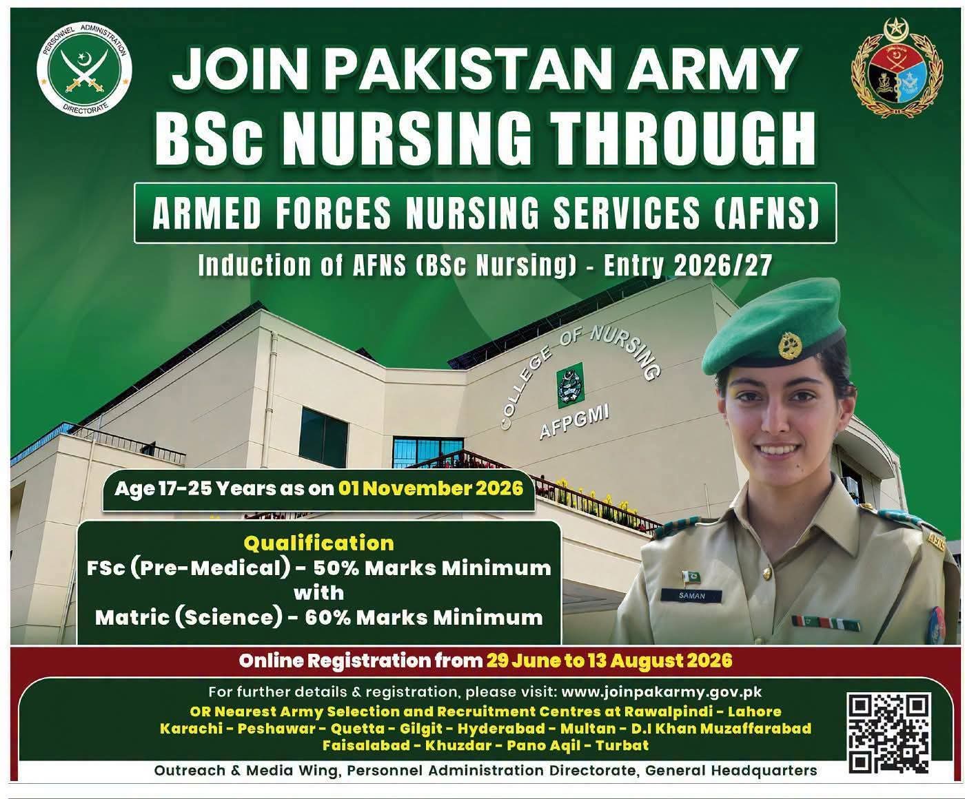 Join Pakistan Army AFNS BSc Nursing Recruitment Advertisement Entry 2026 27