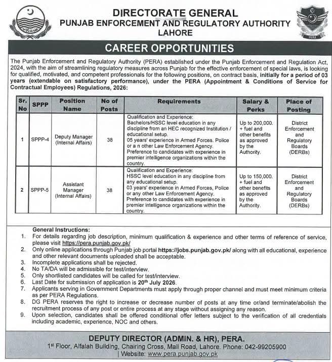 Directorate General Punjab Enforcement and Regulatory Authority PERA Jobs Advertisement 2026