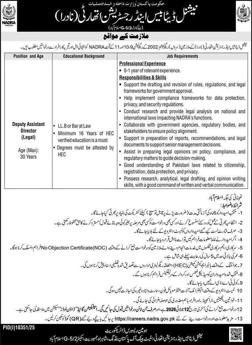 Human Resource Directorate NADRA Islamabad postal location paramet