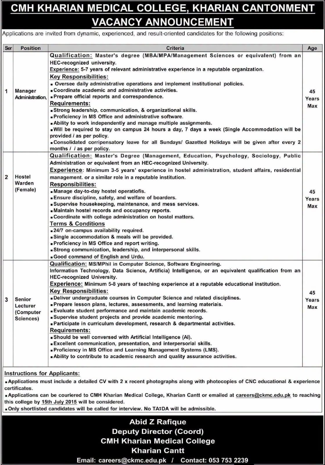 Cantonment based medical college professional administrative openings