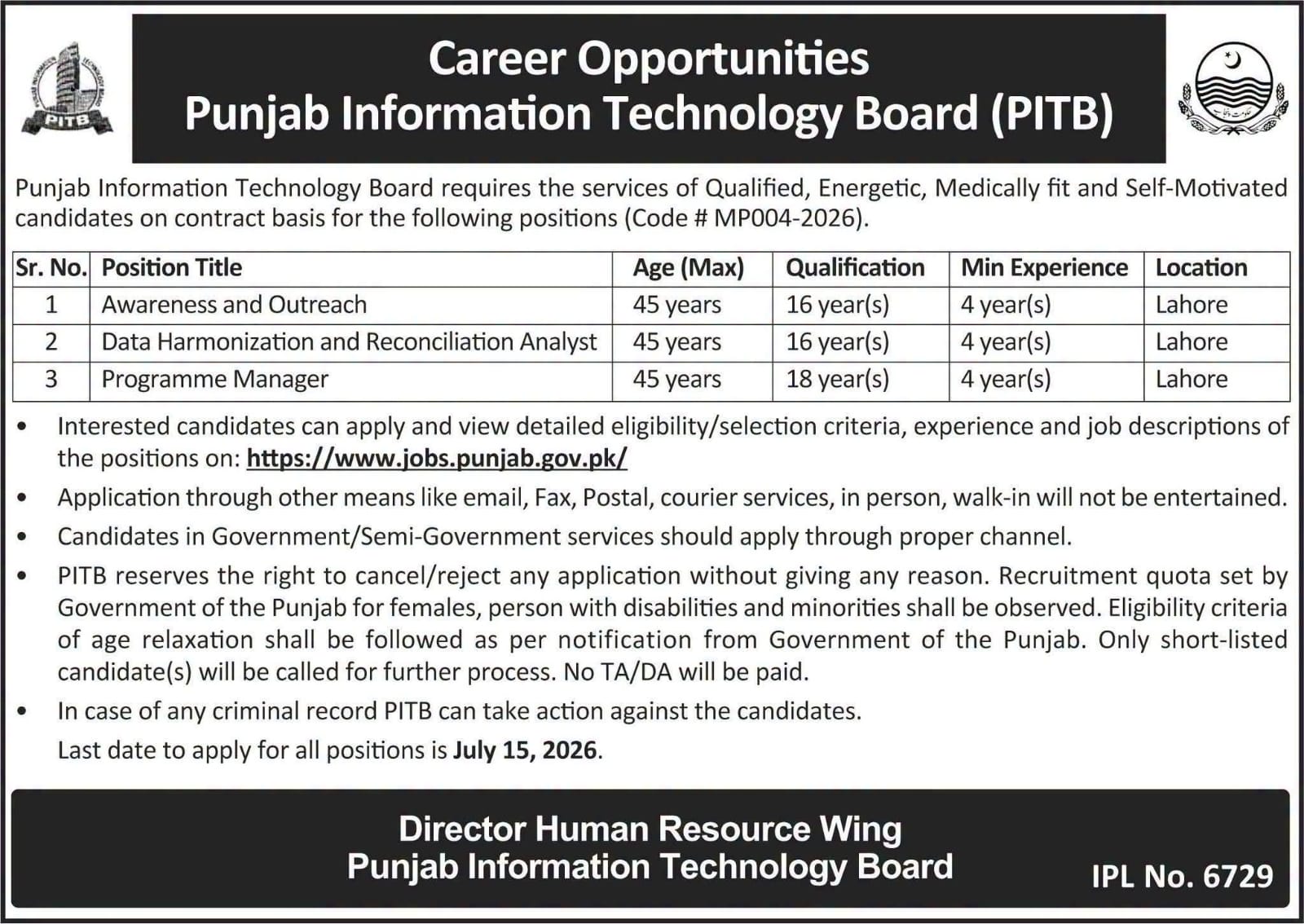 Punjab Information Technology Board Jobs 2026 Advertisement