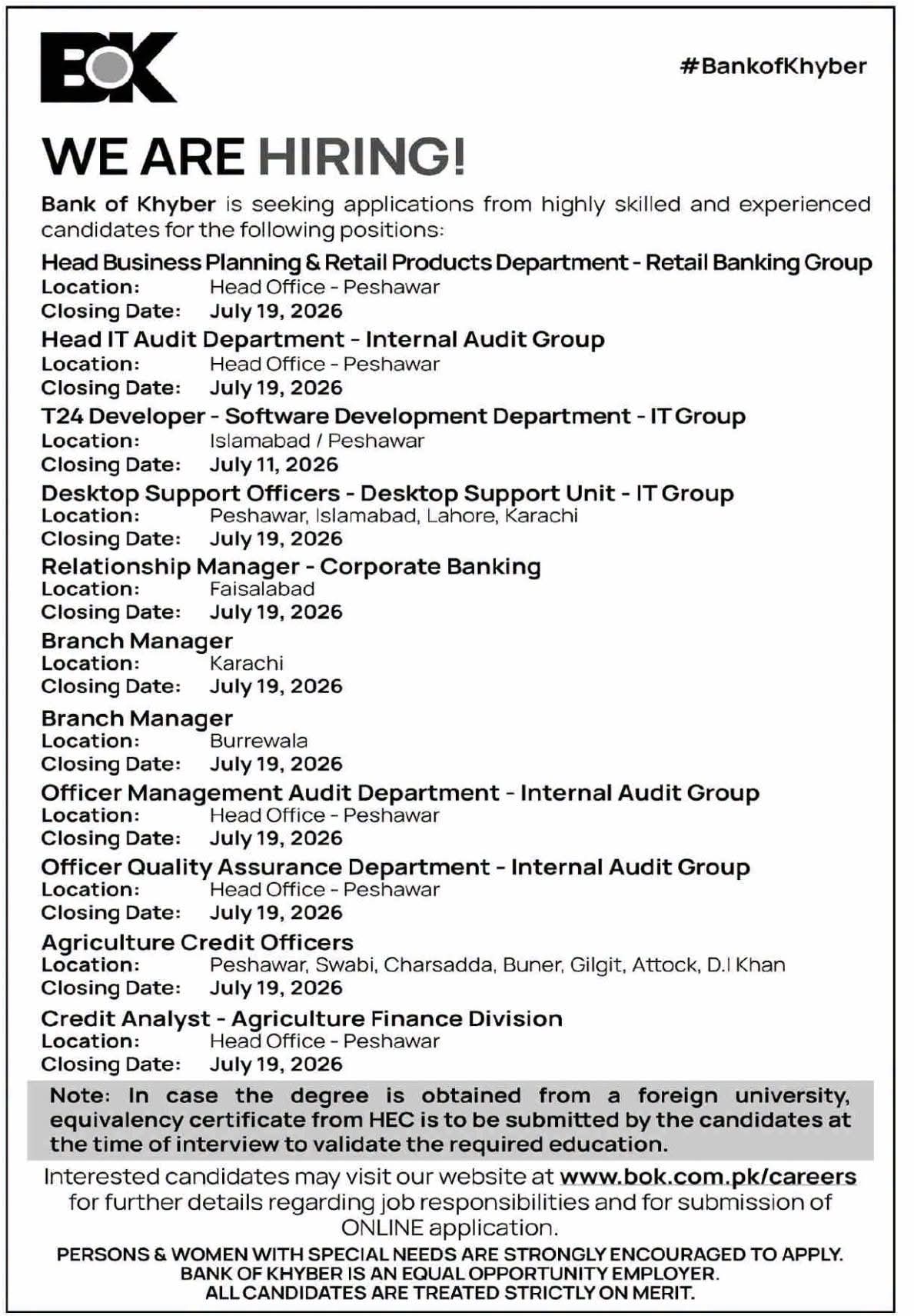 Bank of Khyber Jobs 2026 Advertisement