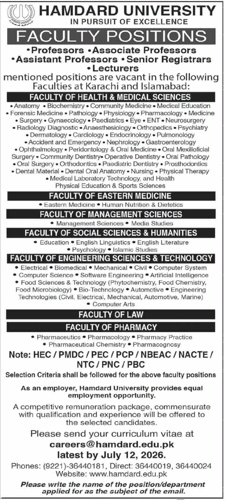 Hamdard University Faculty Jobs Advertisement 2026