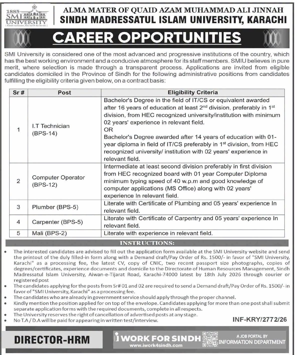 Sindh Madressatul Islam University SMIU Jobs 2026