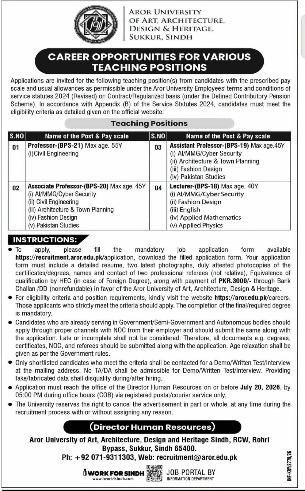 Aror University Rohri Bypass teaching job opportunities 2026