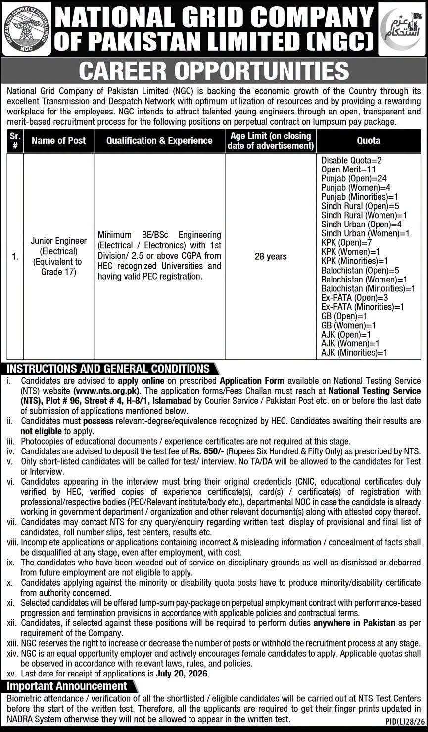 National Grid Company of Pakistan NGC Jobs 2026