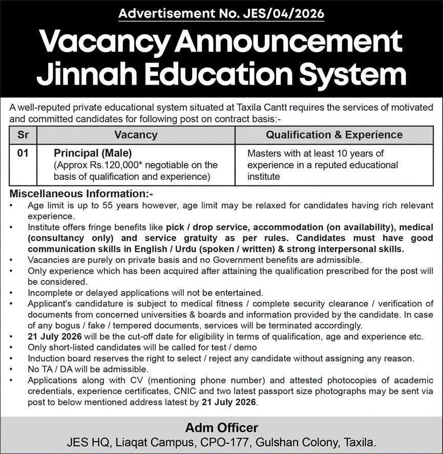 Jinnah Education System Taxila Principal Job