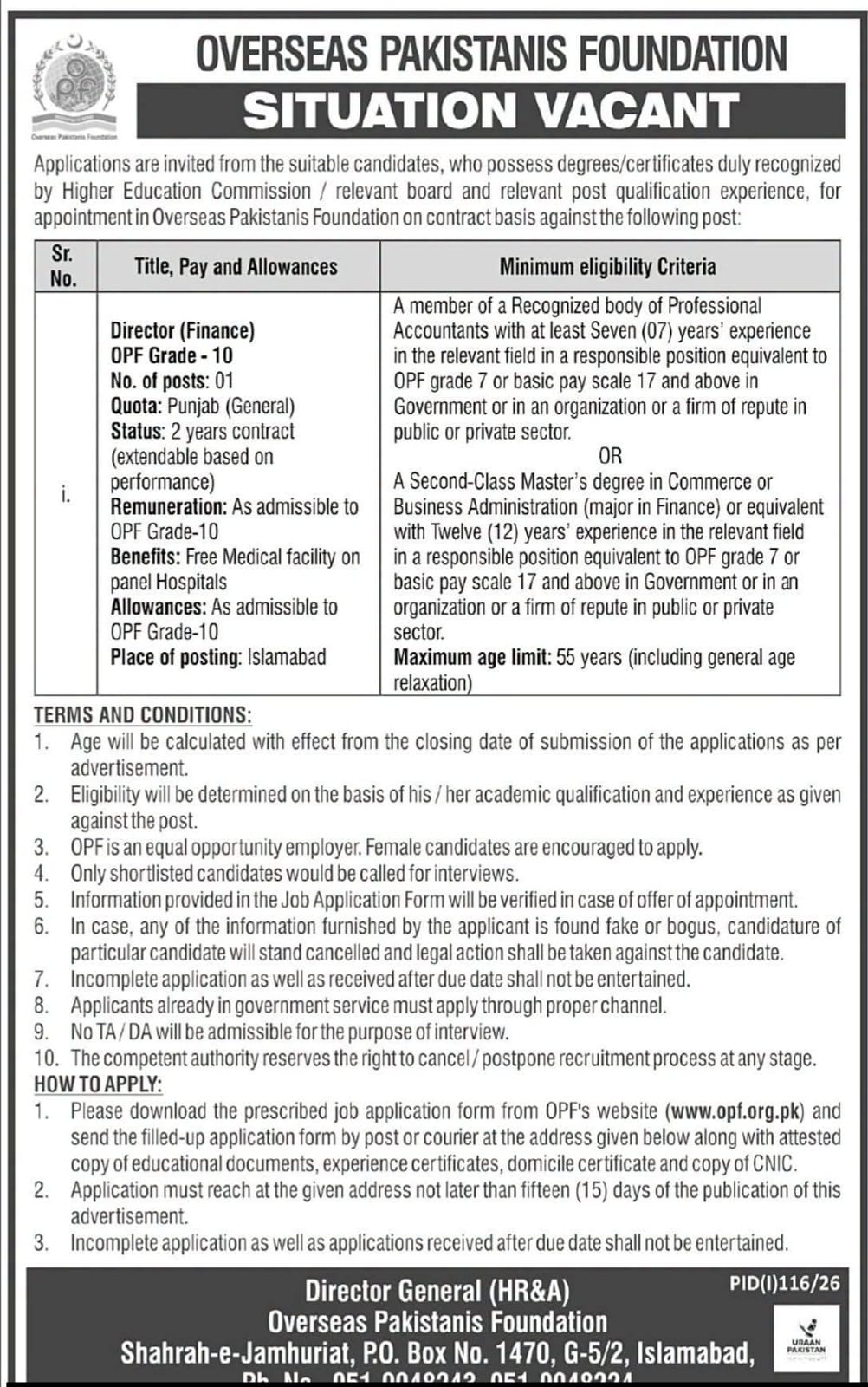 Overseas Pakistanis Foundation OPF Jobs 2026