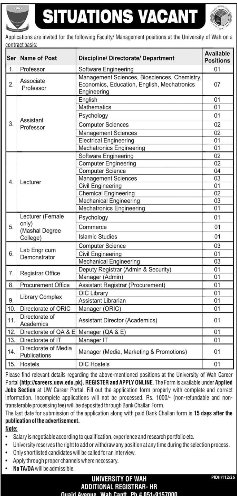University of Wah Jobs 2026