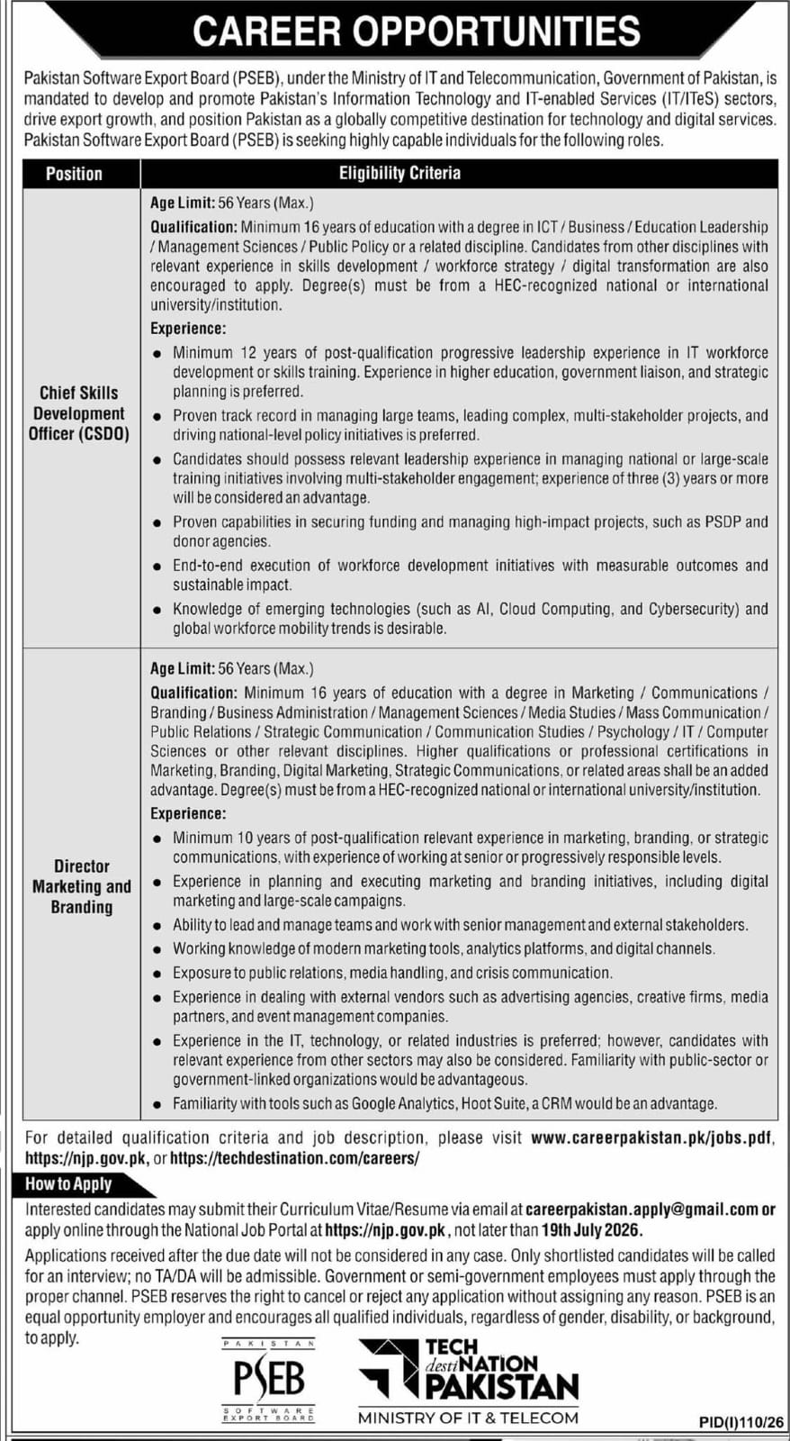 PSEB Recruitment Advertisement 2026 Ministry of IT