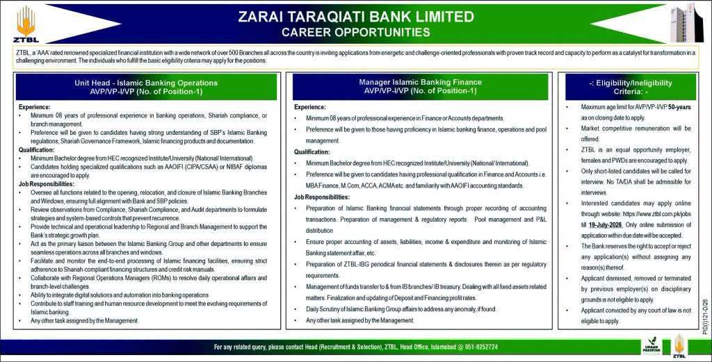 Zarai Taraqiati Bank Limited ZTBL Jobs 2026