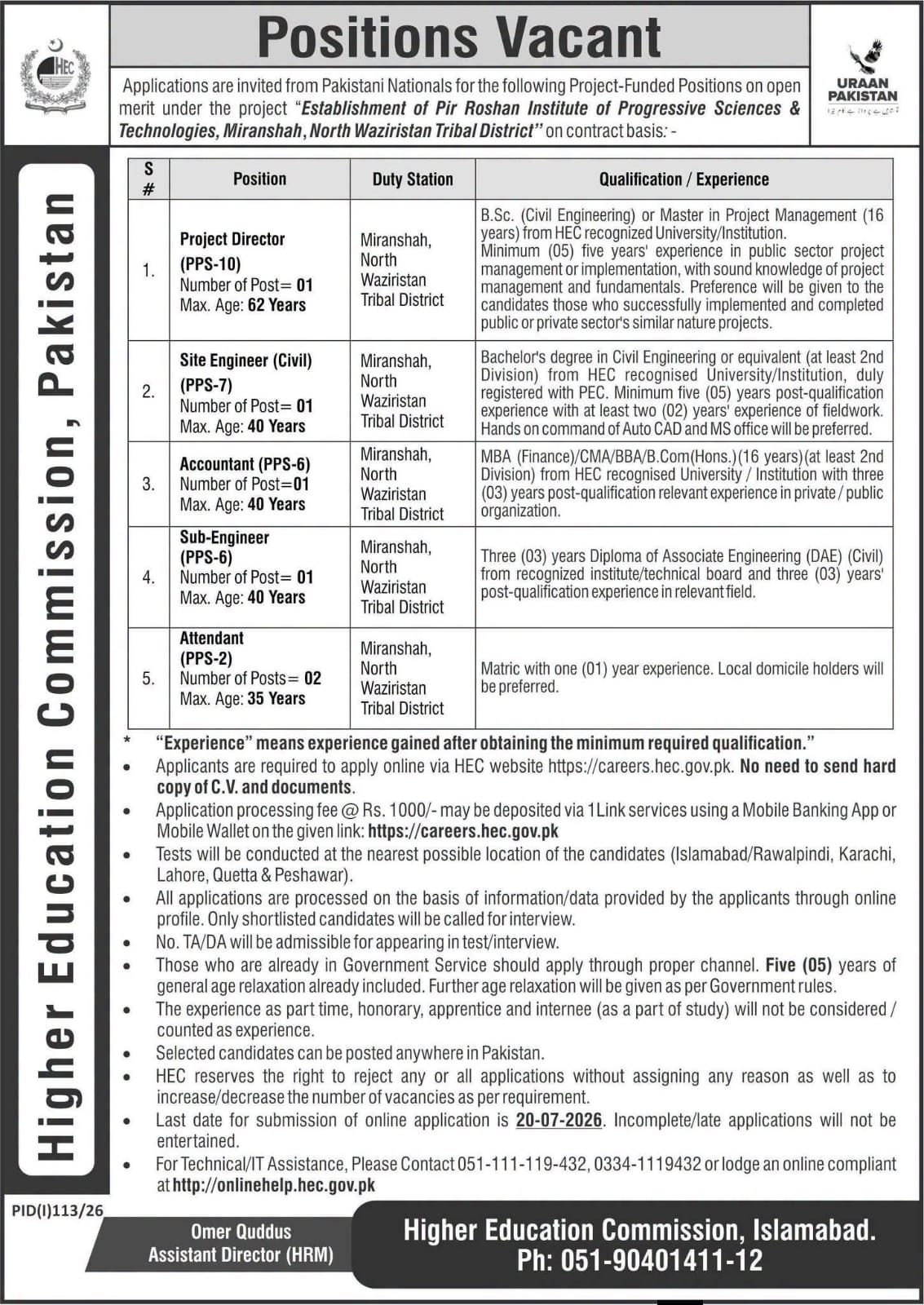 Advertisement for HEC jobs 2026 Pir Roshan Institute Miranshah