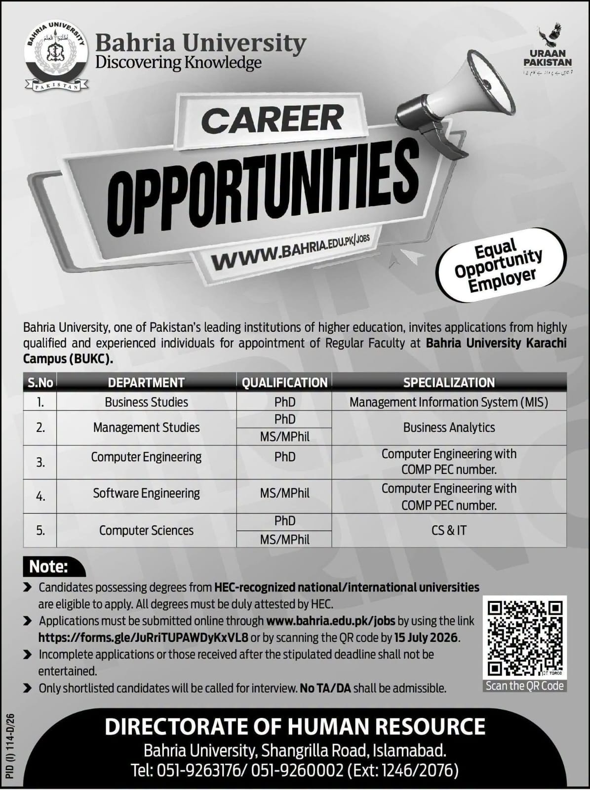 Bahria University Karachi Campus Regular Faculty Jobs 2026