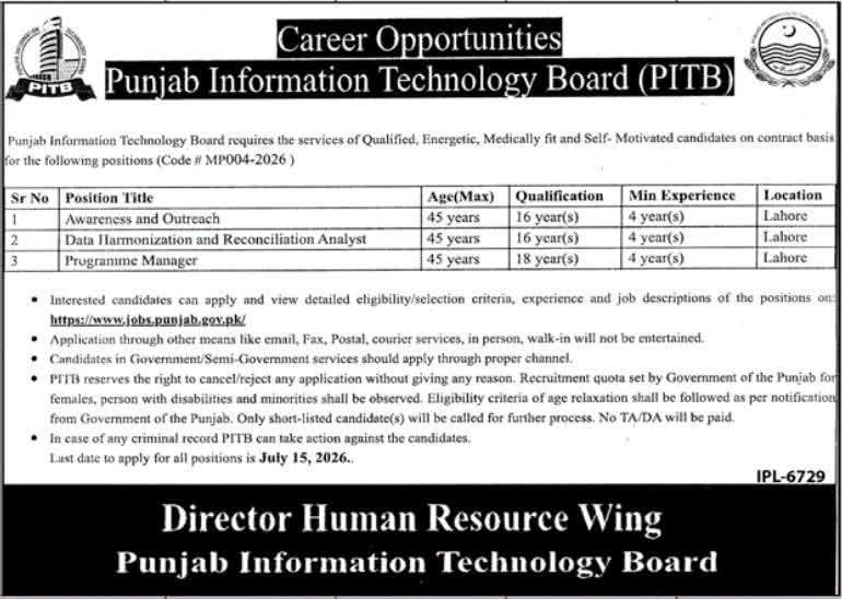 PITB Programme Manager Job 