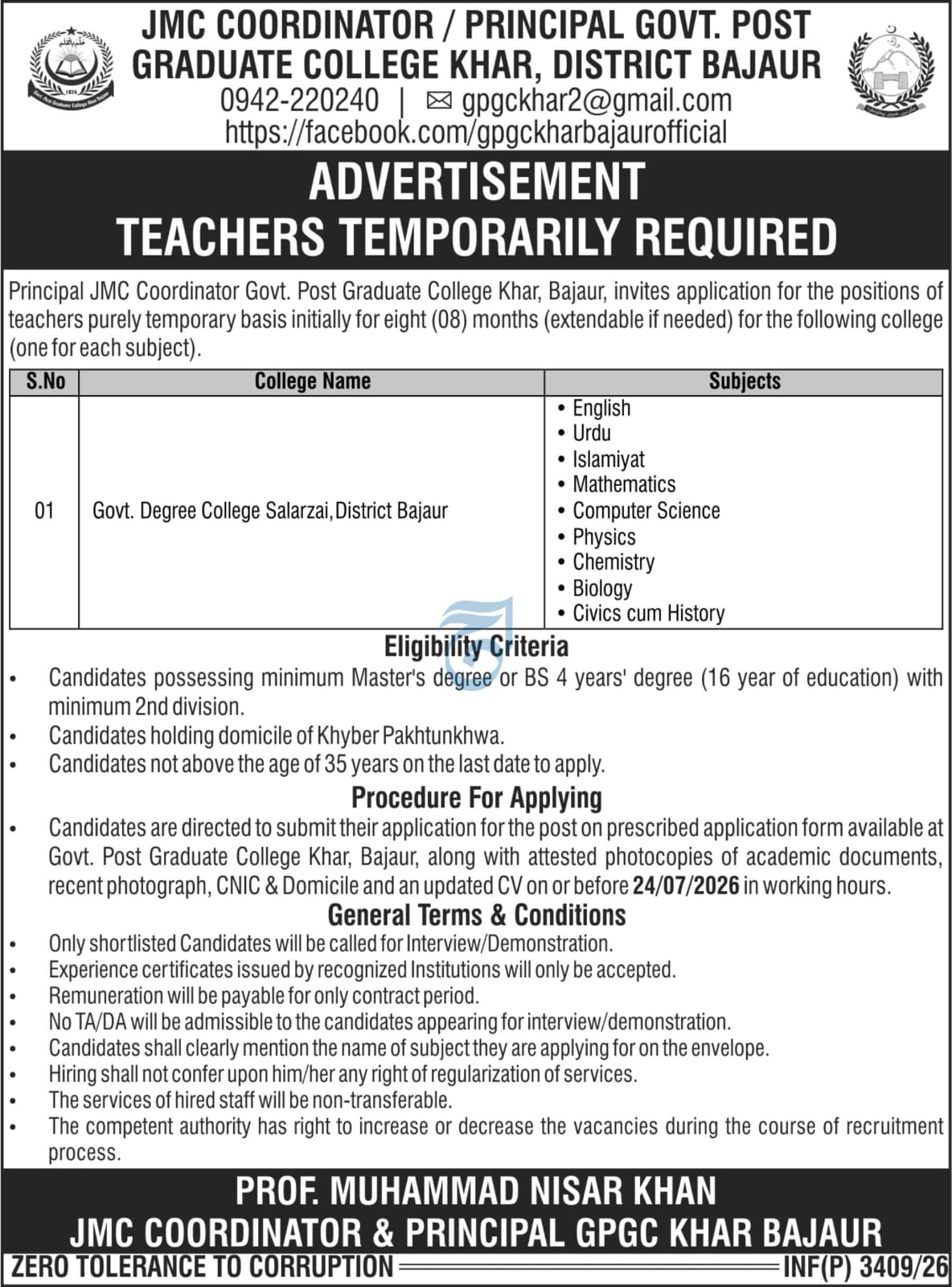 District Bajaur Government College Teacher Jobs
