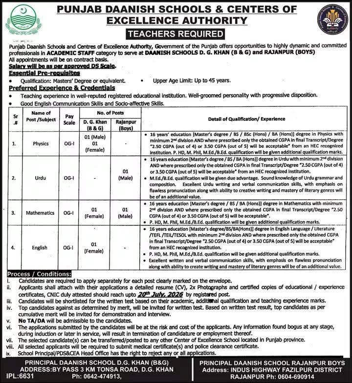 Punjab Daanish Schools and Centers of Excellence Authority Contractual Teacher