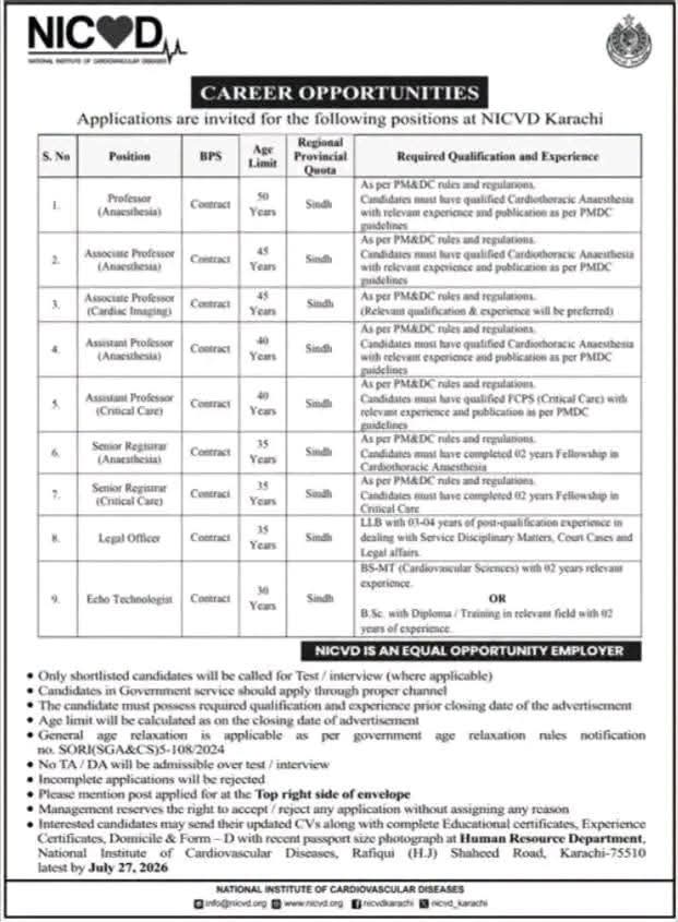 NICVD Karachi Jobs Advertisement 2026 Careers