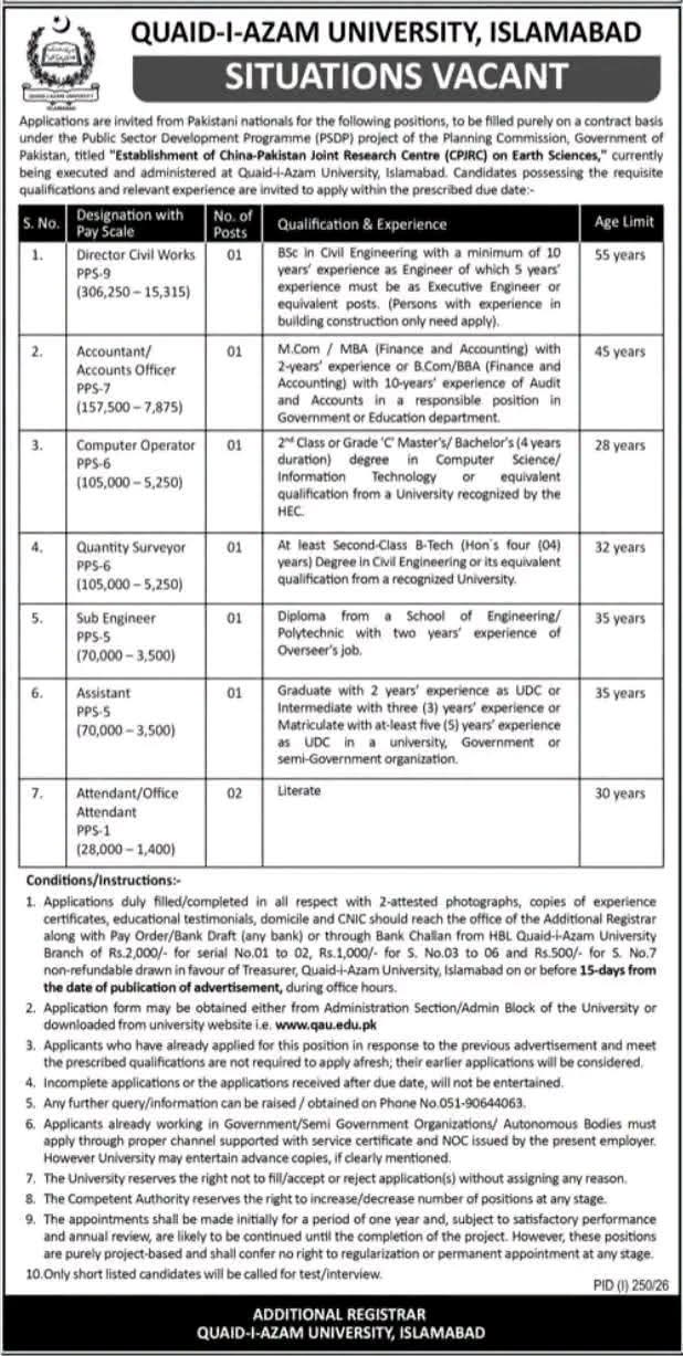Quaid-i-Azam University QAU Islamabad Jobs 2026