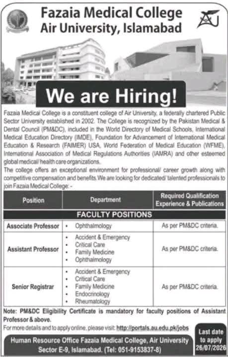 Fazaia Medical College Air University Islamabad Medical Faculty Jobs 2026