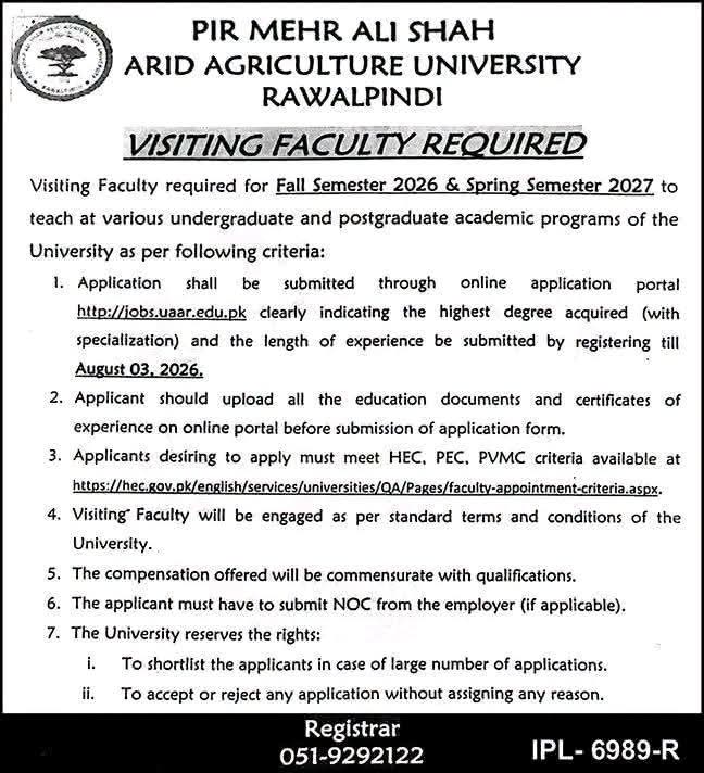 PMAS Arid Agriculture University Rawalpindi Visiting Faculty required