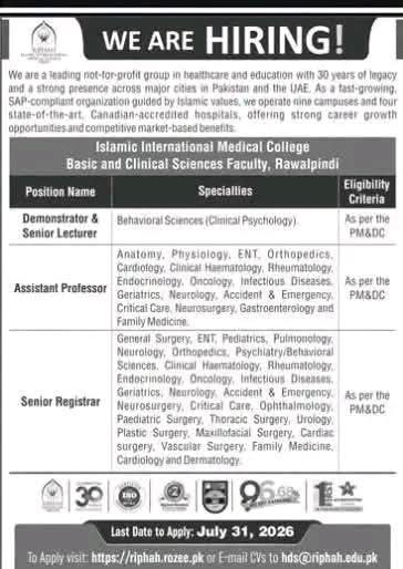 Islamic International Medical College Rawalpindi Jobs 2026