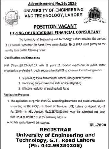 UET Lahore Individual Financial Consultant Job Advertisement