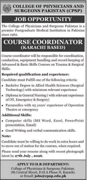 CPSP Karachi Jobs 2026 Course Coordinator Vacancy College of Physicians and Surgeons Pakistan