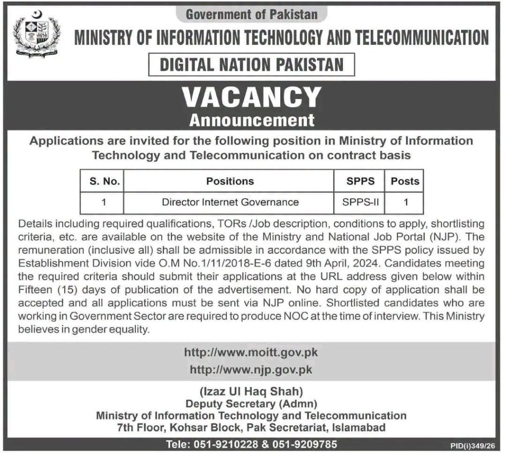 MOITT Pakistan Jobs 2026 Director Internet Governance Vacancy