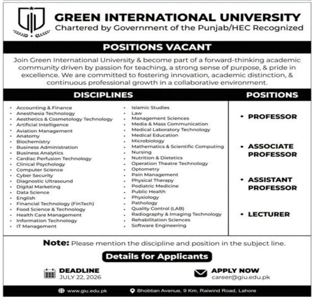 Green International University GIU Lahore Academic Faculty Jobs
