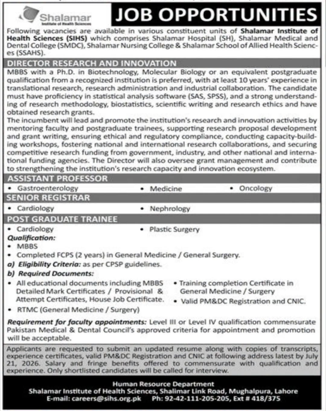 Shalamar Institute of Health Sciences SIHS Lahore Clinical Faculty 