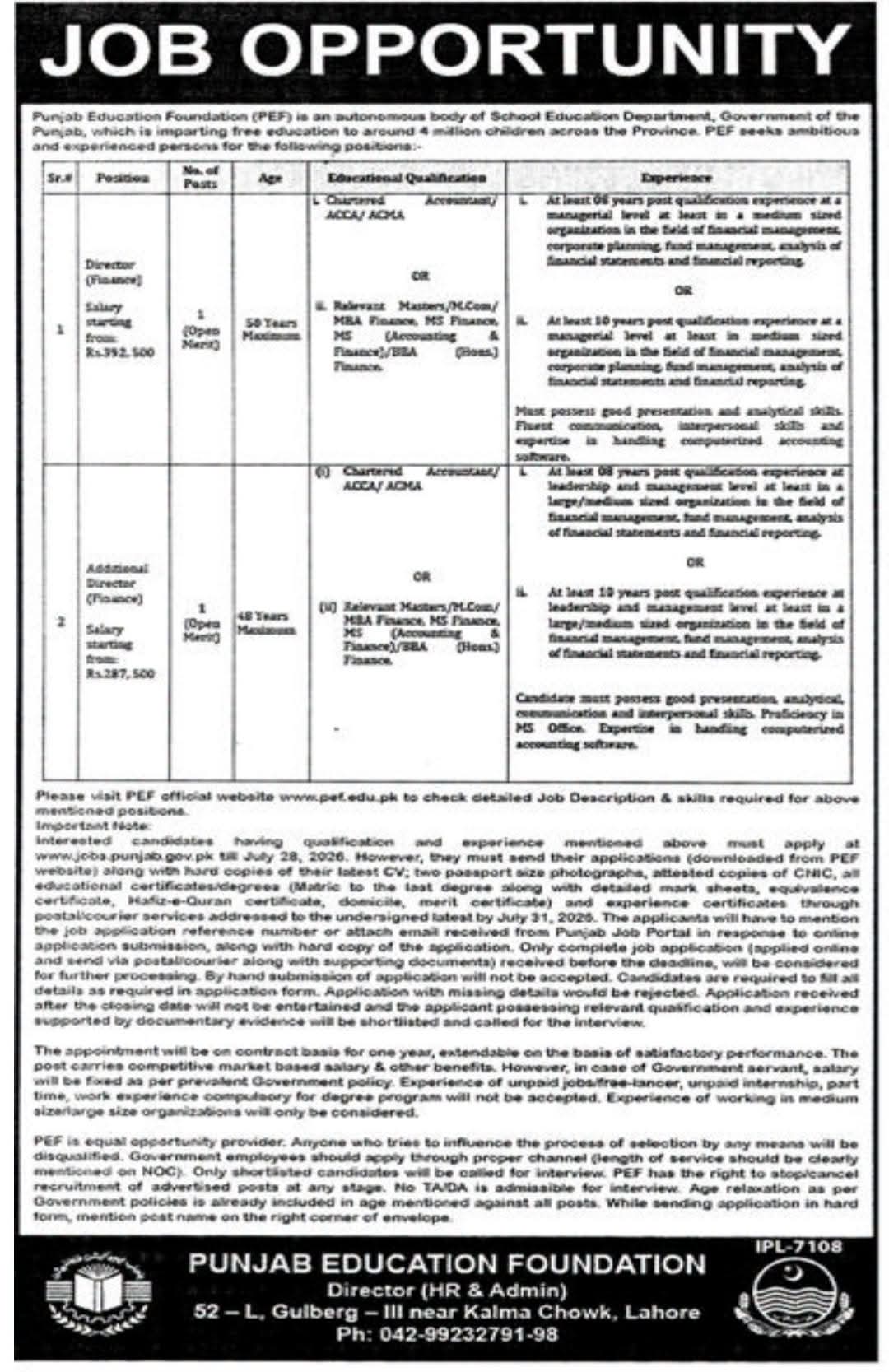 PEF Lahore Jobs 2026 Director Finance Additional Director Vacancies