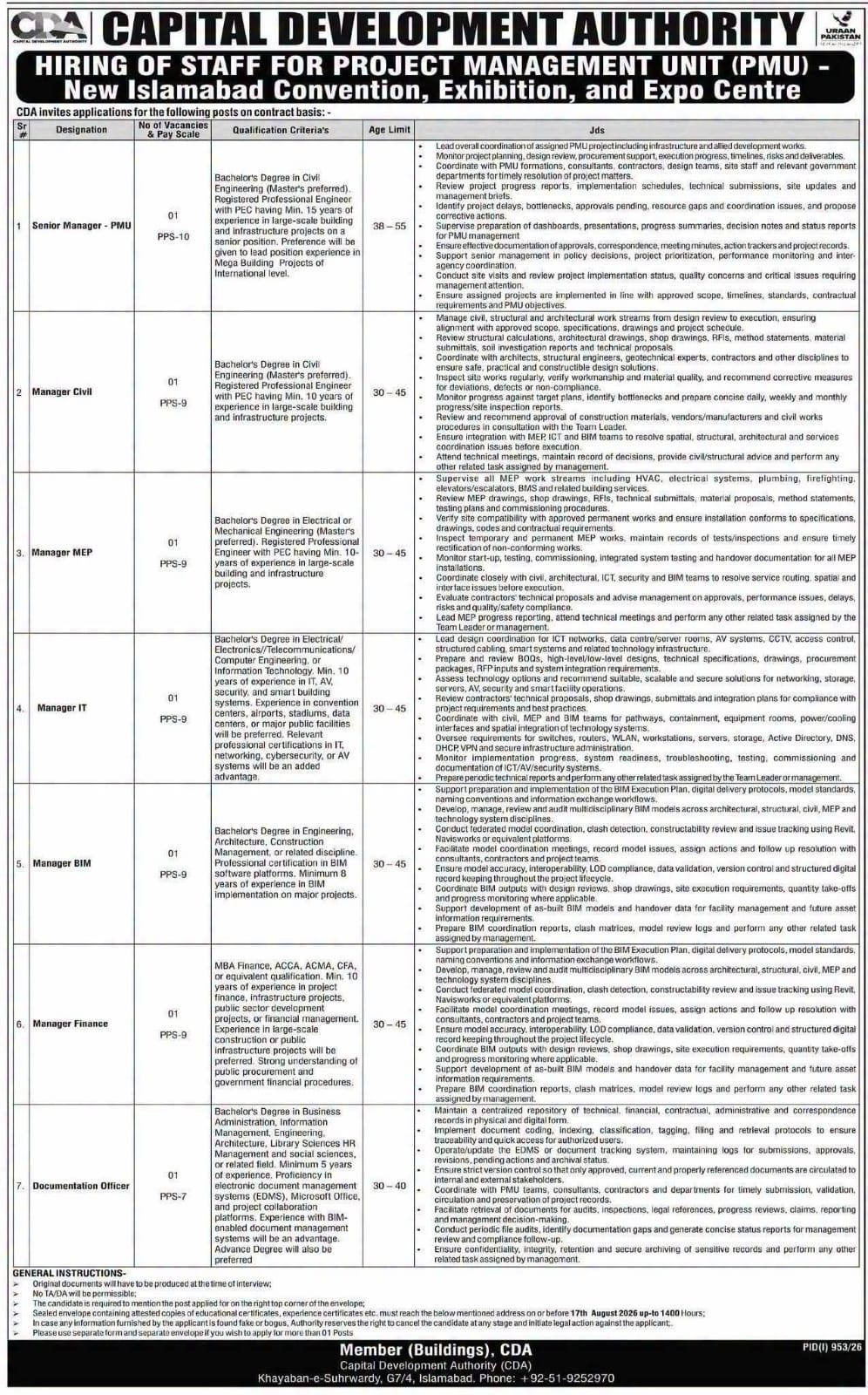 CDA PMU Job Advertisement 2026 New Islamabad Convention Exhibition Centre Positions