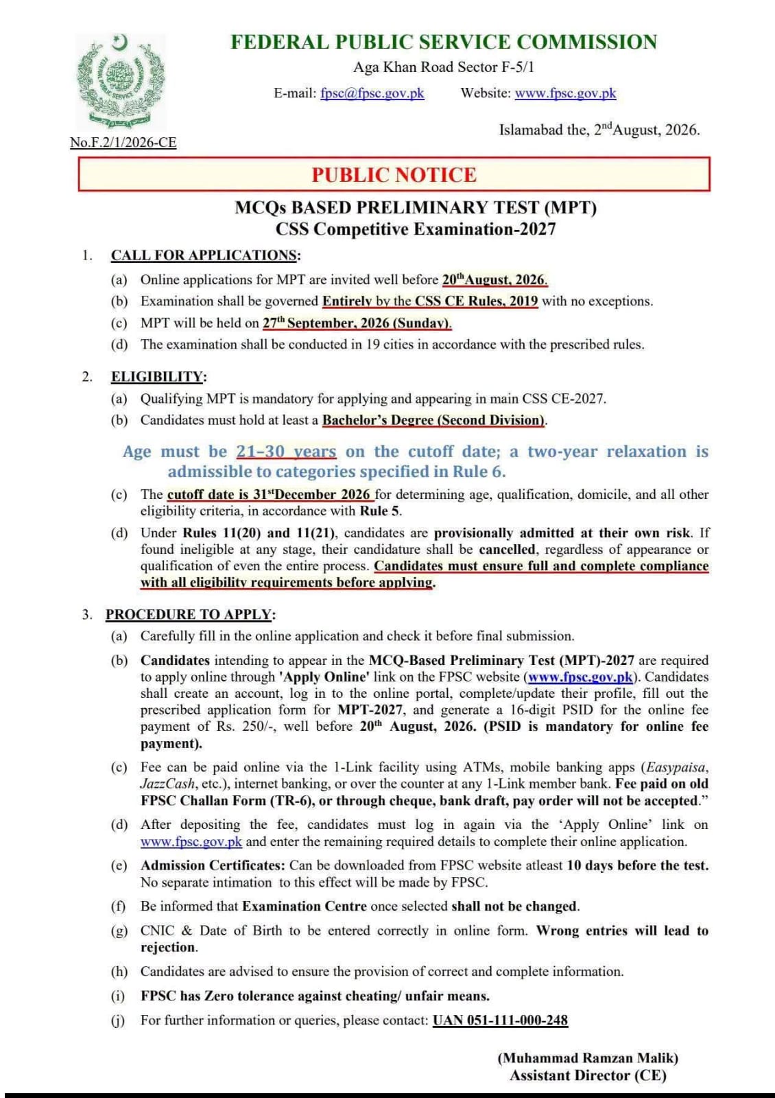 FPSC MPT CSS 2027 Public Notice