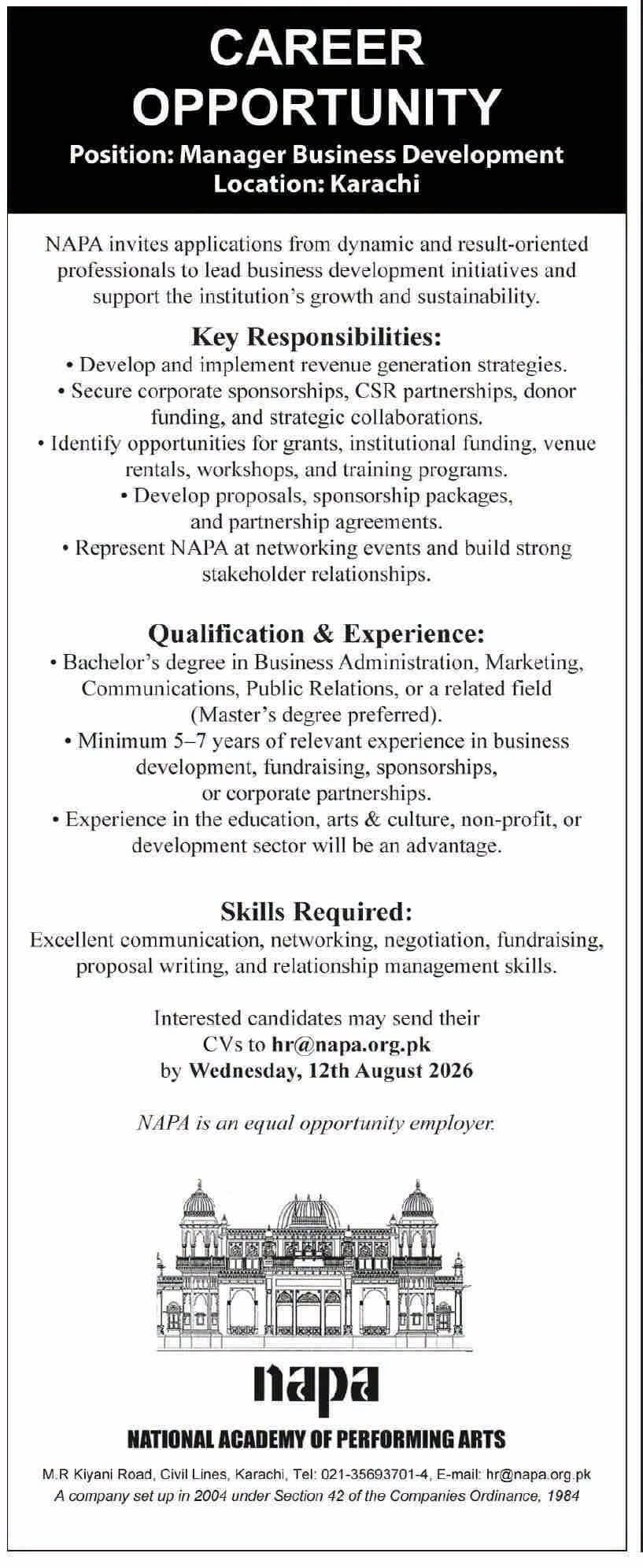NAPA Karachi Manager Business Development Career Opportunity