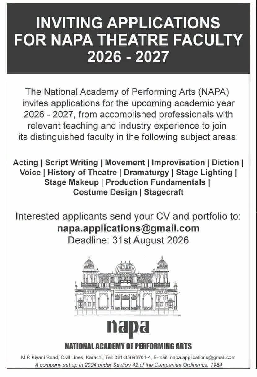 NAPA Theatre Faculty Jobs 2026 Karachi