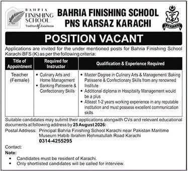 Bahria Finishing School Karachi Jobs 2026