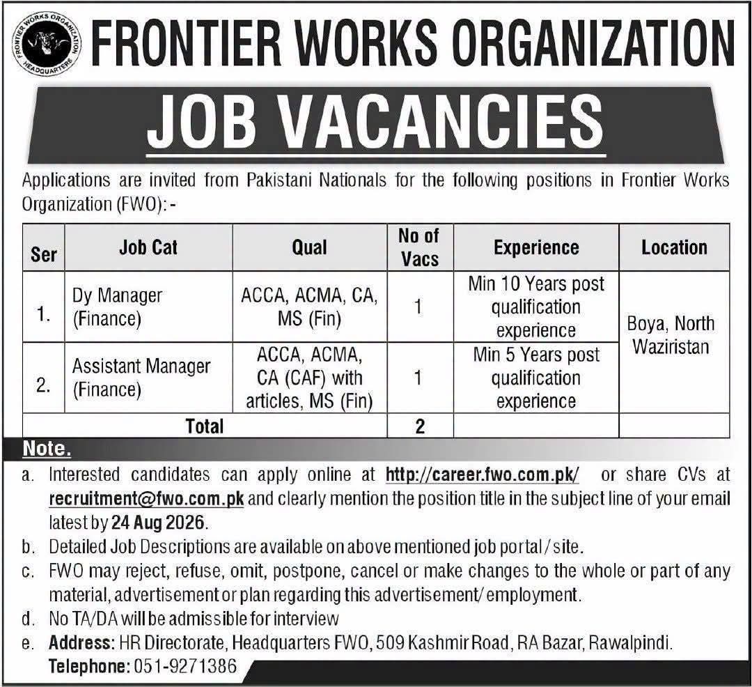 Frontier Works Organization FWO Jobs 2026