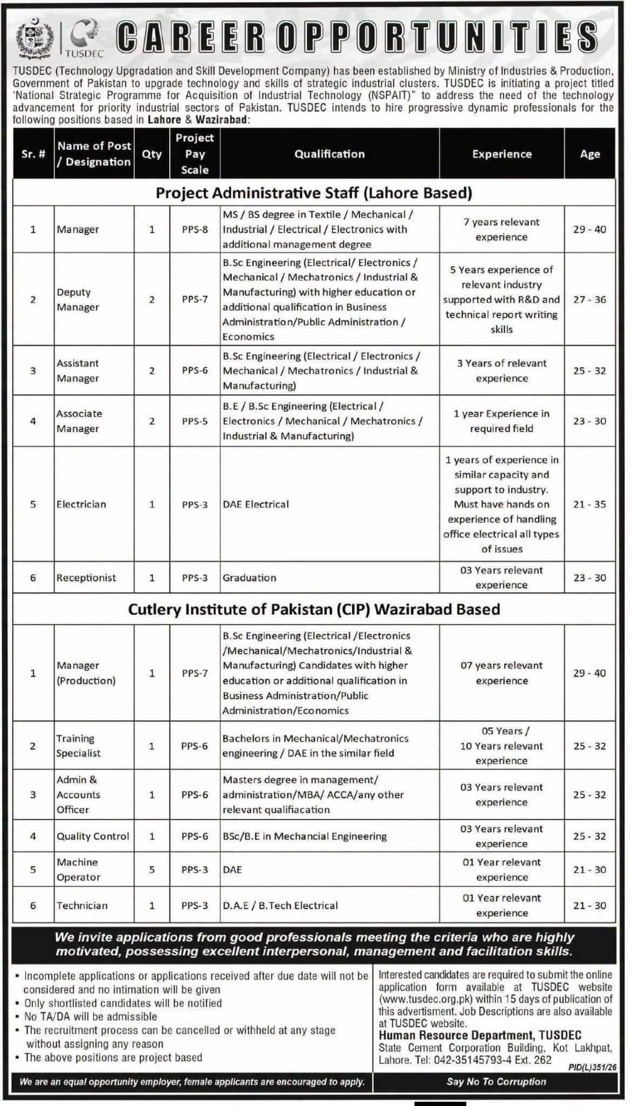 TUSDEC Jobs 2026 Lahore & Wazirabad