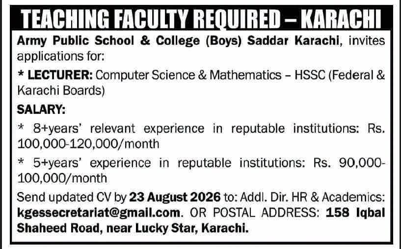 Army Public School & College (Boys) Saddar Karachi Jobs 2026 – Teaching Faculty Required