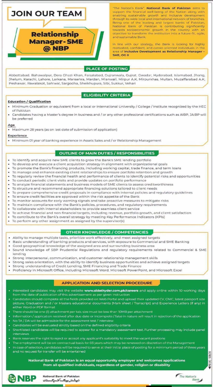 National Bank of Pakistan NBP Jobs 2026 – Relationship Manager-SME (OG-II)