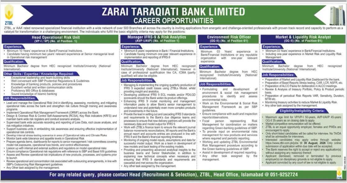 Zarai Taraqiati Bank Limited ZTBL Jobs 2026