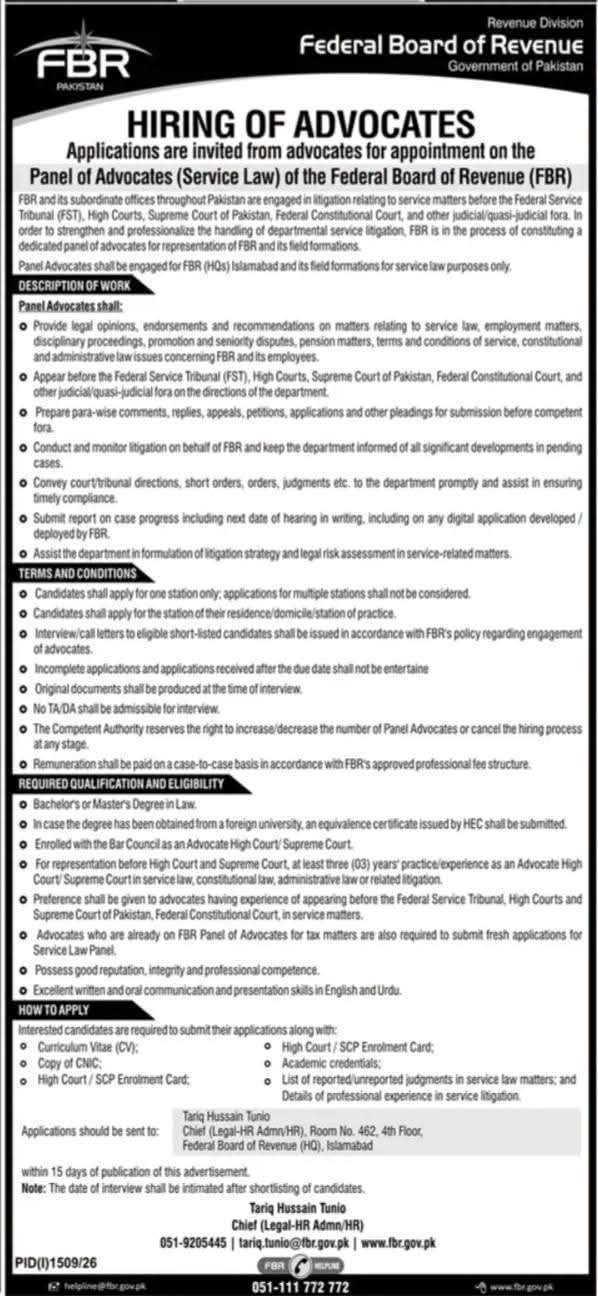 Federal Board of Revenue (FBR) Hiring of Advocates for Panel of Advocates (Service Law) 2026