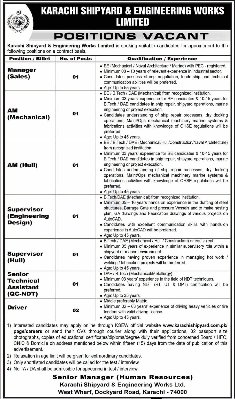 Karachi Shipyard & Engineering Works Limited Career Opportunities