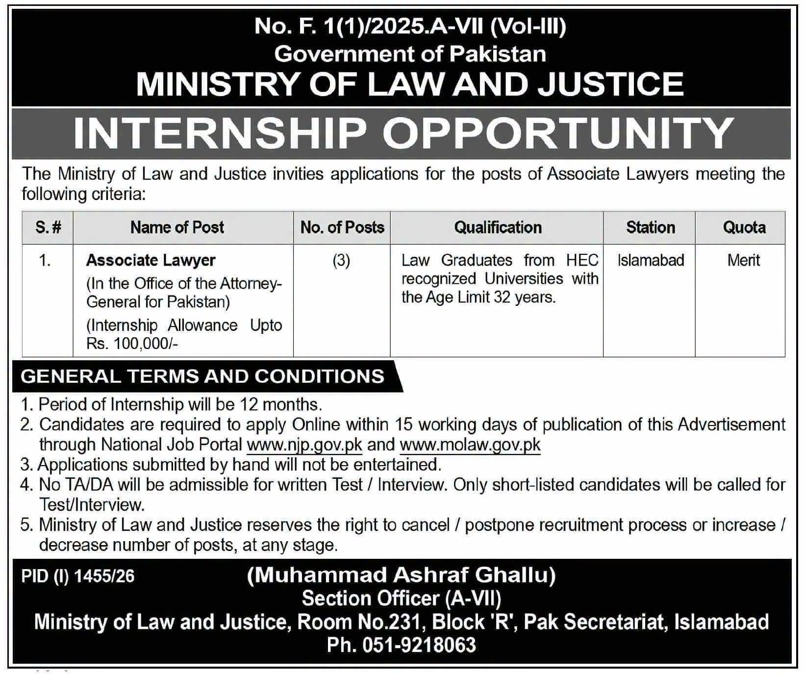 Ministry of Law and Justice Internship Opportunity 2026