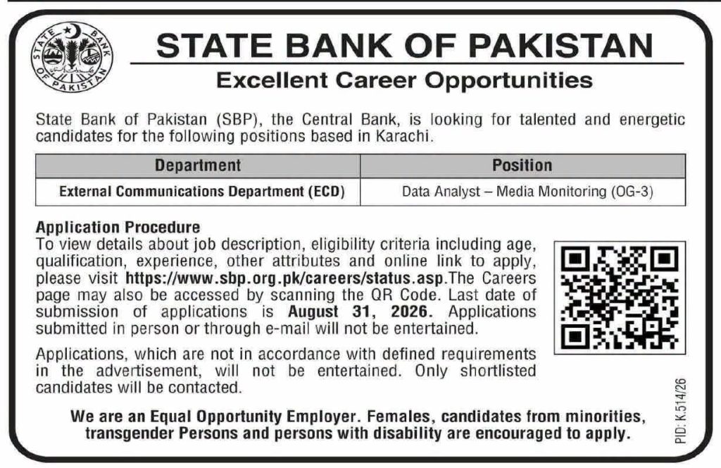 State Bank of Pakistan (SBP) Career Opportunities 2026