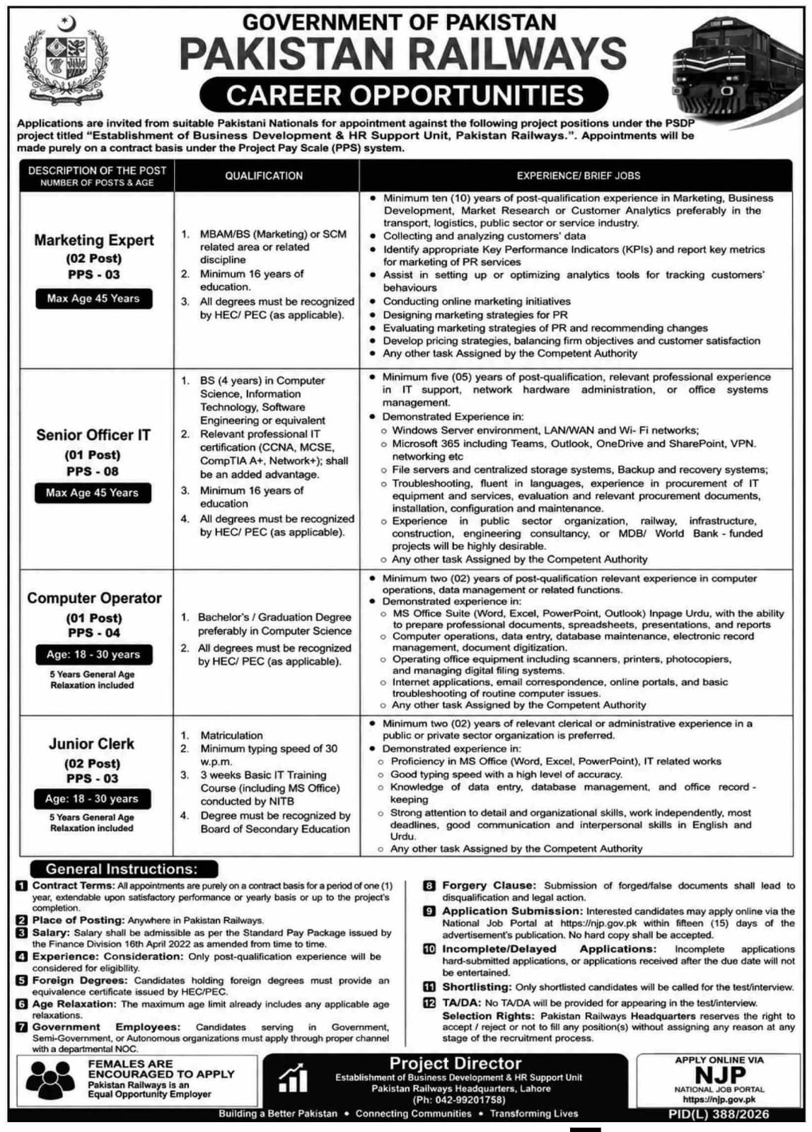 Pakistan Railways Career Opportunities
