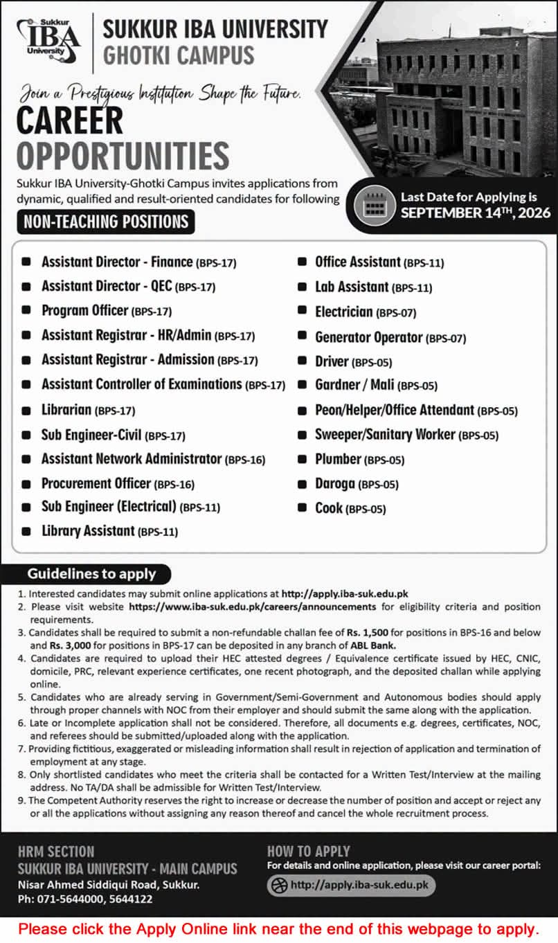 Sukkur IBA University Ghotki Campus Non-Teaching Jobs 2026